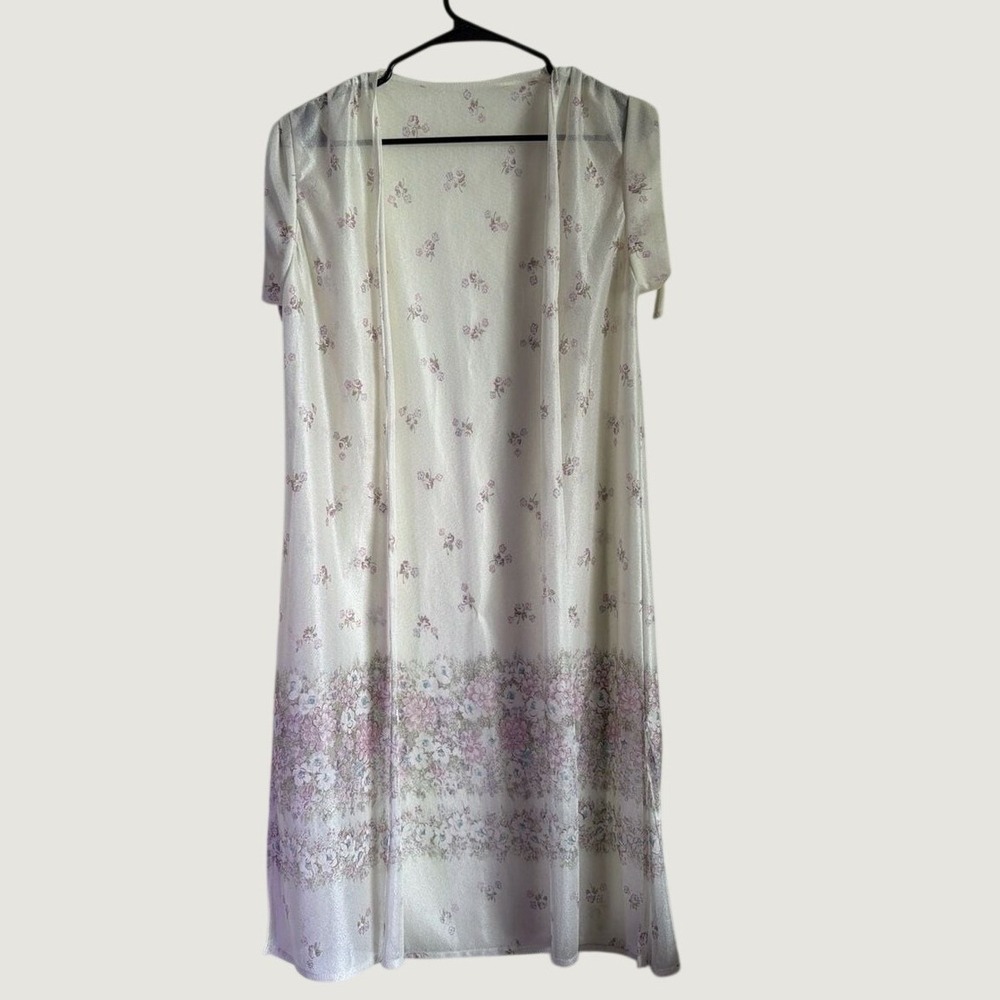 Unbranded Floral Duster Cardigan OS Sheer Satin Open Front White Vintage